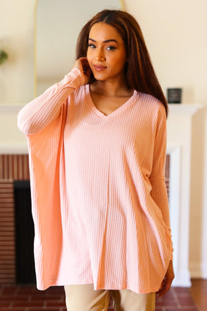 All For Love Peach Waffle Knit V Neck Dolman Top