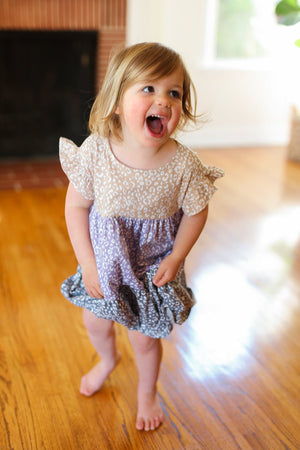 Kids Twirl Me Taupe & Lilac Tiered Babydoll Dress