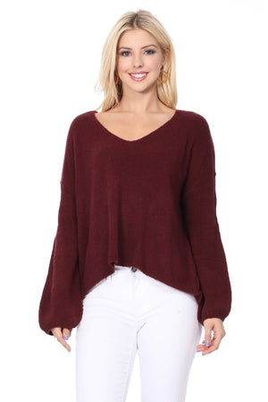 Wide V-Neck Oversized Sweater Top w. Side Slit