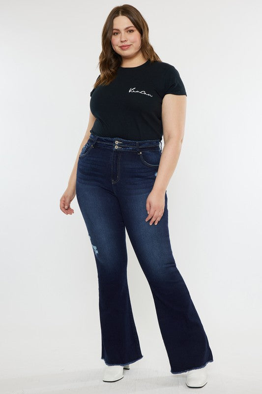 Plus High Rise Double WB Fray Hem Flare Jeans