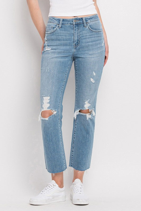 High Rise Distressed Cropped Straight Jeans - Flying Monkey