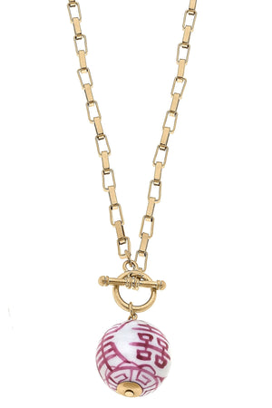 Laurel Chinoiserie T-Bar Necklace in Pink & White by CANVAS