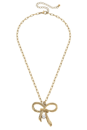 Amy Bow & Pearl Pendant Necklace in Worn Gold by CANVAS