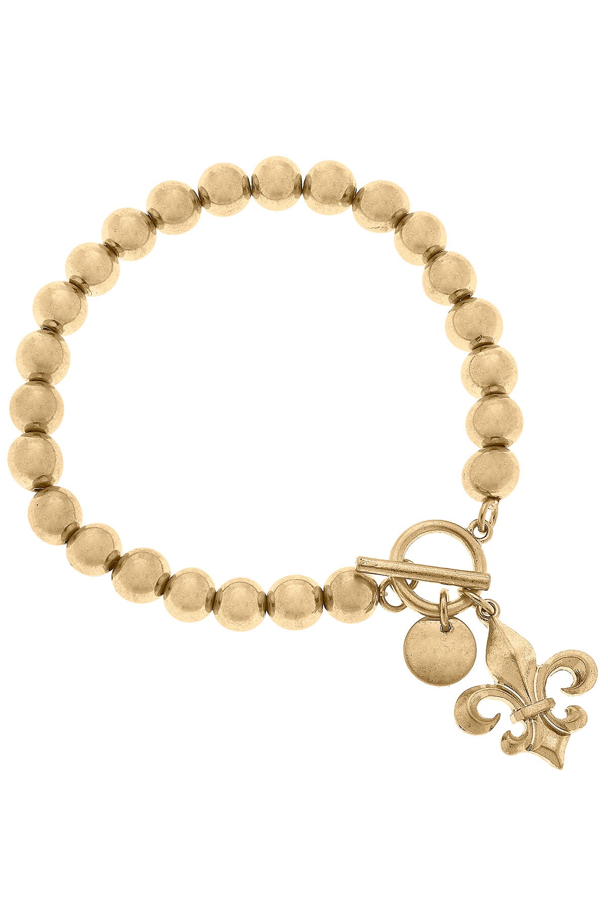 Lourdes Bourbon Fleur de Lis Charm Ball Bead T-Bar Bracelet in Worn Gold by CANVAS