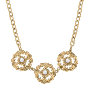 Orleans Linked Acanthus & Pearl Necklace in Worn Gold by CANVAS
