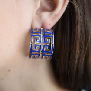Brennan Game Day Greek Keys Enamel Hoop Earrings in Blue by CANVAS