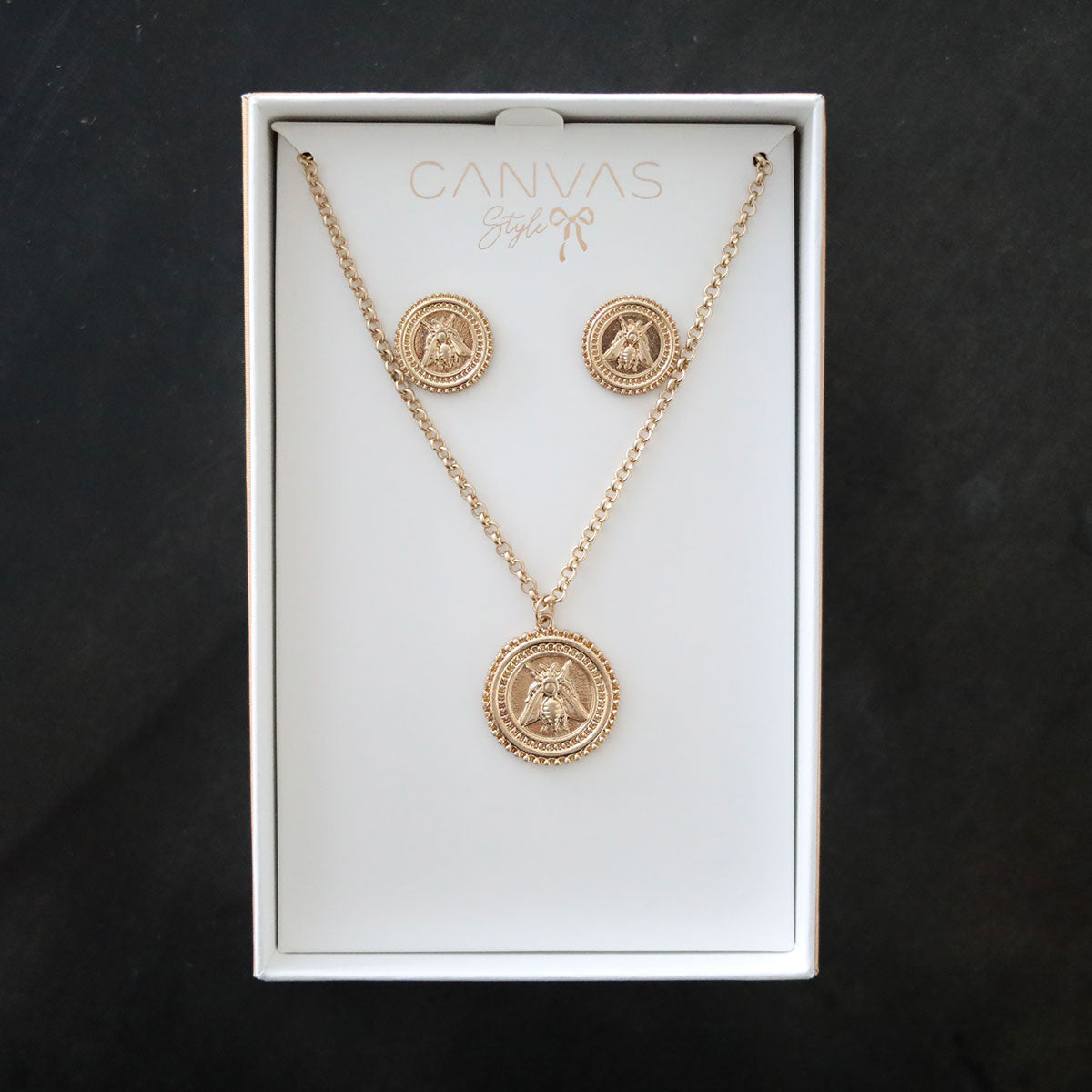 Lizette Bee Medallion Earring and Necklace Set in Worn Gold by CANVAS