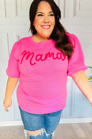 Take A Bow Pink "Mama" Embroidery Puff Sleeve Sweater Top