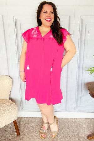 Bright Thoughts Hot Pink Embroidered Notched Neck Tassel Dress