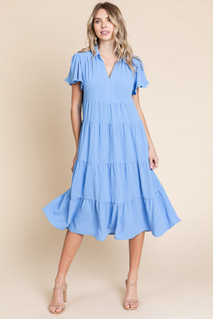 Collared V Neck Tiered Babydoll Midi Dress by RolyPoly Apparel