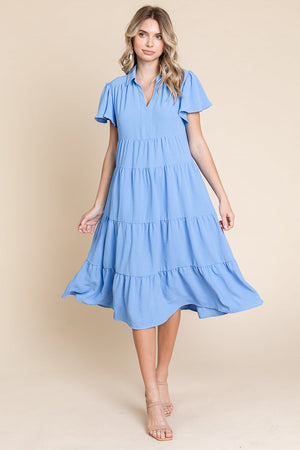 Collared V Neck Tiered Babydoll Midi Dress by RolyPoly Apparel