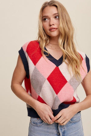 Argyle Cropped Sweater Vest Listicle Pink Multi S 