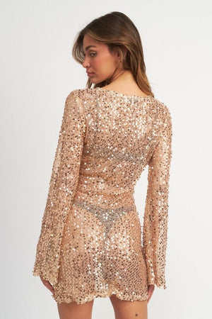 Bell Sleeve Sequins Mini Dress - Partially See Through - Rose Gold Emory Park 