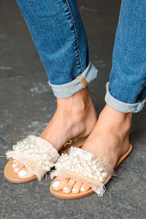 Blush Linen Fray Beaded Faux Pearl Slide Sandal CCOCCI 