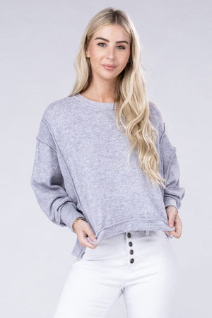 Brushed Melange Hacci Oversized Sweater ZENANA H GREY S/M 