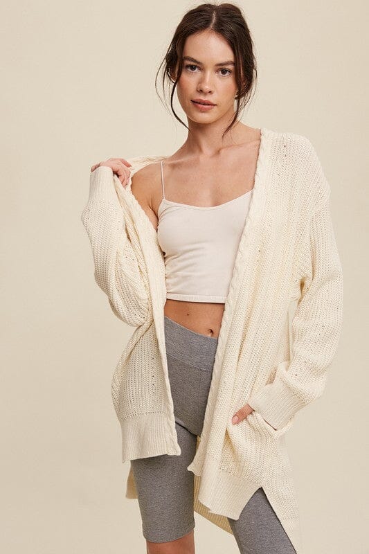 Cable Knit Open Front Long Cardigan Listicle Cream S 