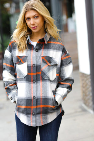 Charcoal & Rust Plaid Flannel Button Down Oversized Jacket Zenana 