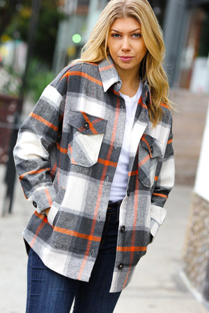 Charcoal & Rust Plaid Flannel Button Down Oversized Jacket Zenana 