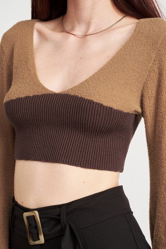 CONTRAST KNIT RIB CROPPED TOP Emory Park BROWN S 