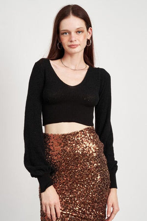CONTRAST KNIT RIB CROPPED TOP Emory Park BLACK S 