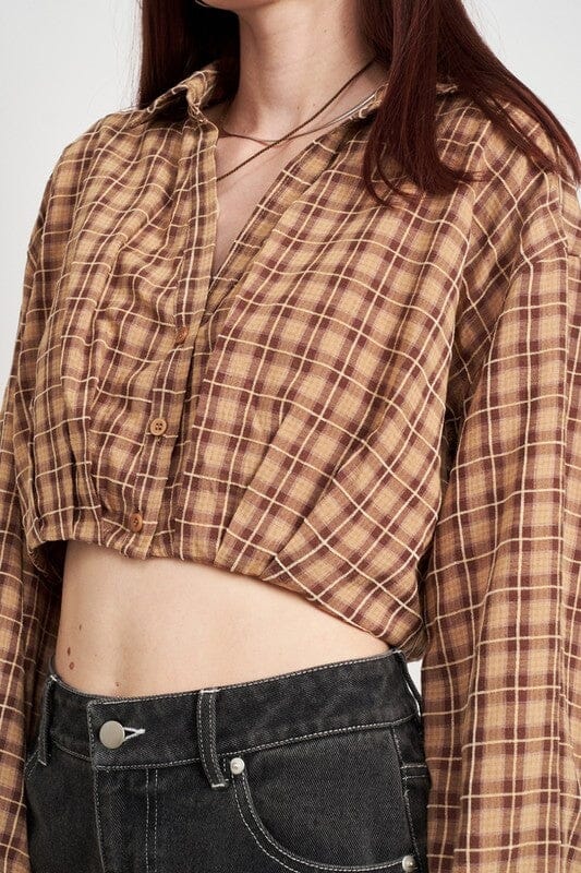 CROPPED BUTTON UP SHIRT WITH ELASTIC WAISTBAND Emory Park BROWN S 