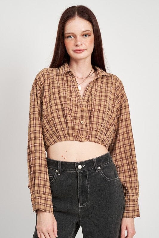 CROPPED BUTTON UP SHIRT WITH ELASTIC WAISTBAND Emory Park BROWN S 