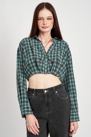 CROPPED BUTTON UP SHIRT WITH ELASTIC WAISTBAND Emory Park DEEP GREEN S 