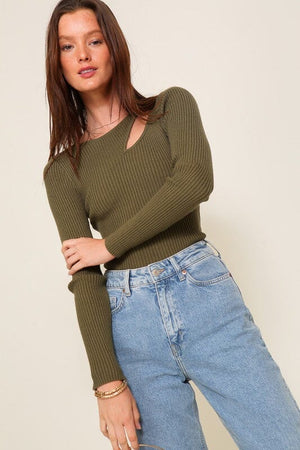 Cut Out Long Sleeve Sweater Top TIMING Olive S 