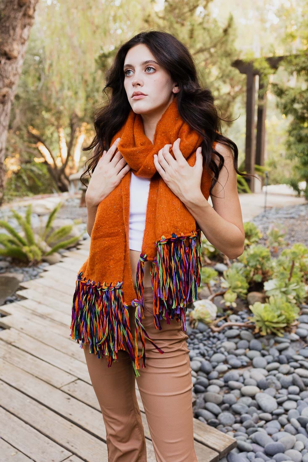 Frayed Bohemian Flow Scarf Scarves Leto Collection One Size Rust 