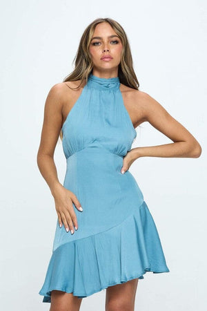 Halter Neck Satin Mini Dress One and Only Collective Inc BLUE XS 