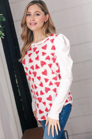 Heart Print French Terry Puff Sleeve Top 7TH Ray 