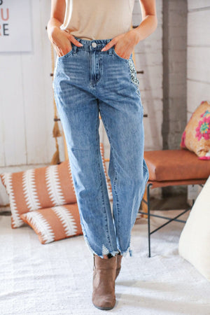 High Waist Leopard Print Washed Pocketed Ankle Torn Jeans Haptics 