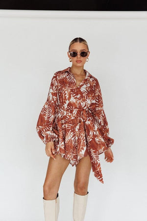 Leaves Print Puff Sleeved Romper One and Only Collective Inc BROWN XS 
