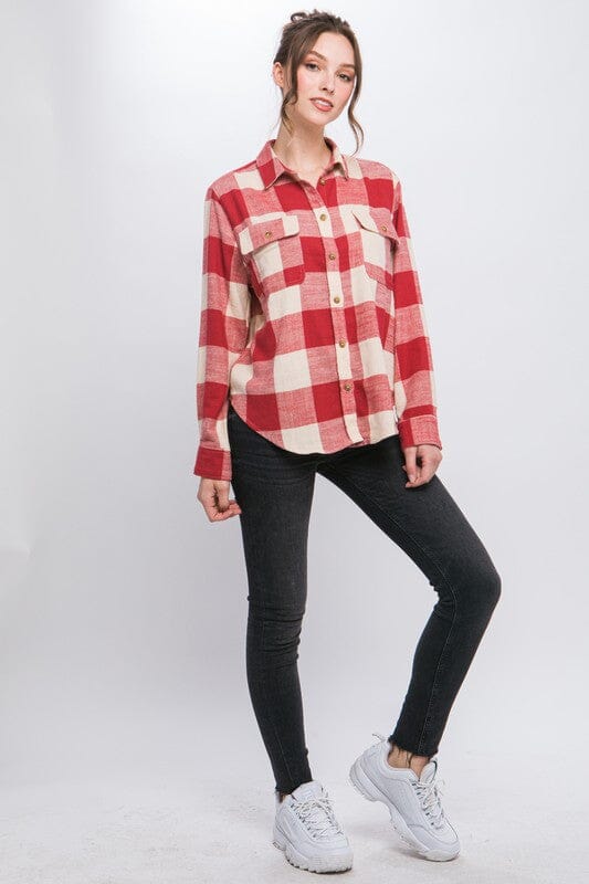 Lightweight Plaid Button Down Top Love Tree RED S 