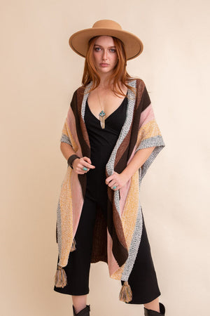 Multi-color Striped Tassel Poncho❤ Ponchos Leto Collection One Size Yellow 