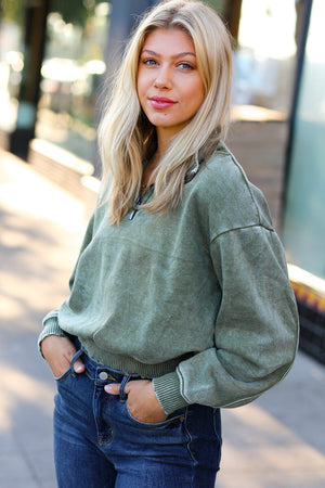 Olive Half Zip Cropped Pullover Sweater Zenana 