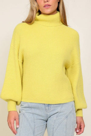 Rib Knitted Turtleneck Sweater with Bishop Sleeve Lumiere 
