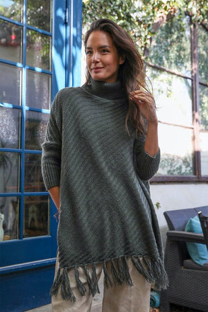 Roll-Neck Poncho Sweater Ponchos Leto Collection Olive 