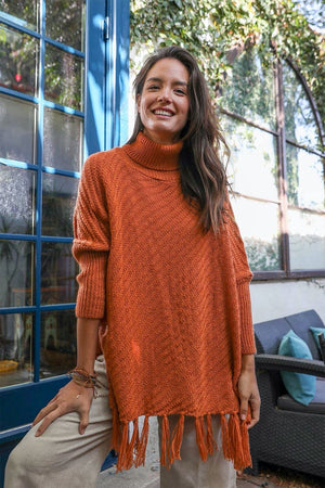 Roll-Neck Poncho Sweater Ponchos Leto Collection Rust 