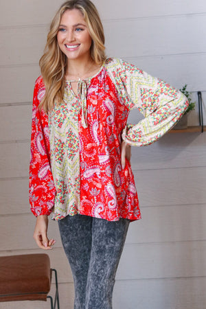 Scarlet Paisley and Floral Chevron Bubble Sleeve Top Haptics 