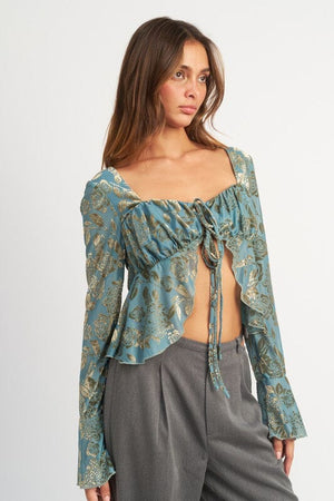 SHIRRRING TIE TOP WITH LONG SLEEVE Emory Park 