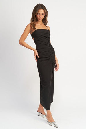 SIDE RUCHED MIDI DRESS WITH SPAGHETTI STRAPS Emory Park 
