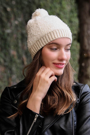 Soft Furry Pom Knit Beanie Hats & Hair Leto Collection Ivory 