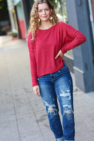 Stay Awhile Red Ribbed Dolman Cropped Sweater Zenana 