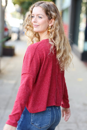 Stay Awhile Red Ribbed Dolman Cropped Sweater Zenana 