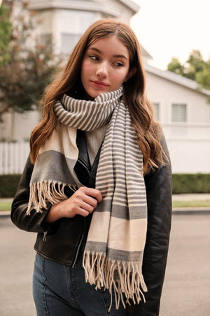 Striped Woven Tassel Scarf Scarves Leto Collection Gray/White 