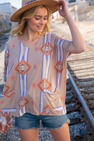 Taupe Mixed Aztec Front Pocket Poncho Top Hayzel 