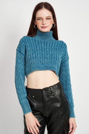 TURTLE NECK CABLE KNIT CROP TOP Emory Park NAVY S 
