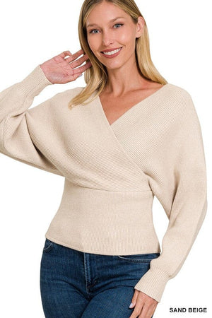 Viscose Cross Wrap Pullover Sweater ZENANA SAND BEIGE S 