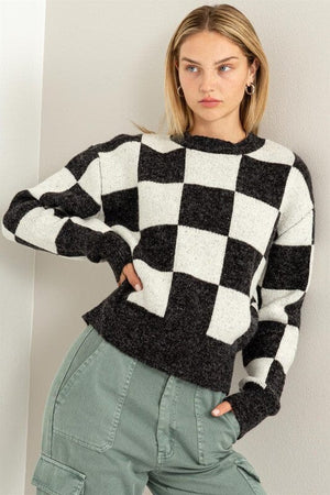 Weekend Chills Checkered Long Sleeve Sweater HYFVE BLACK / CREAM S 